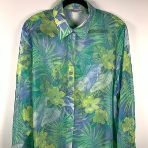 Draper’s & Damon’s 1X Sheer Tropical Blouse Green Blue Floral